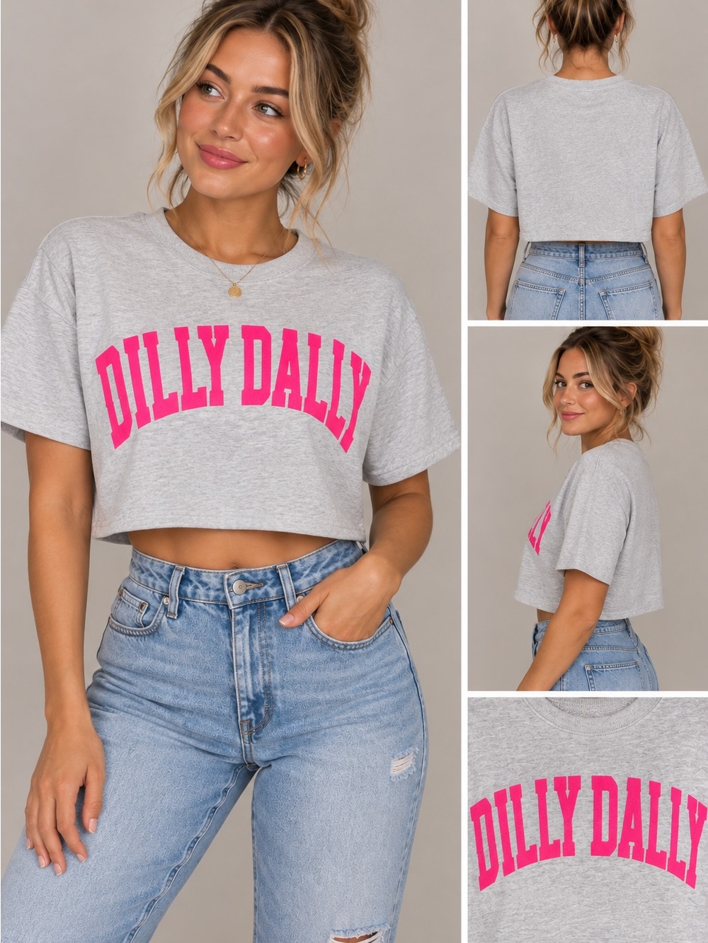 BUCKETLIST Gray Crop Tee with Hot Pink DILLY DALLY Logo